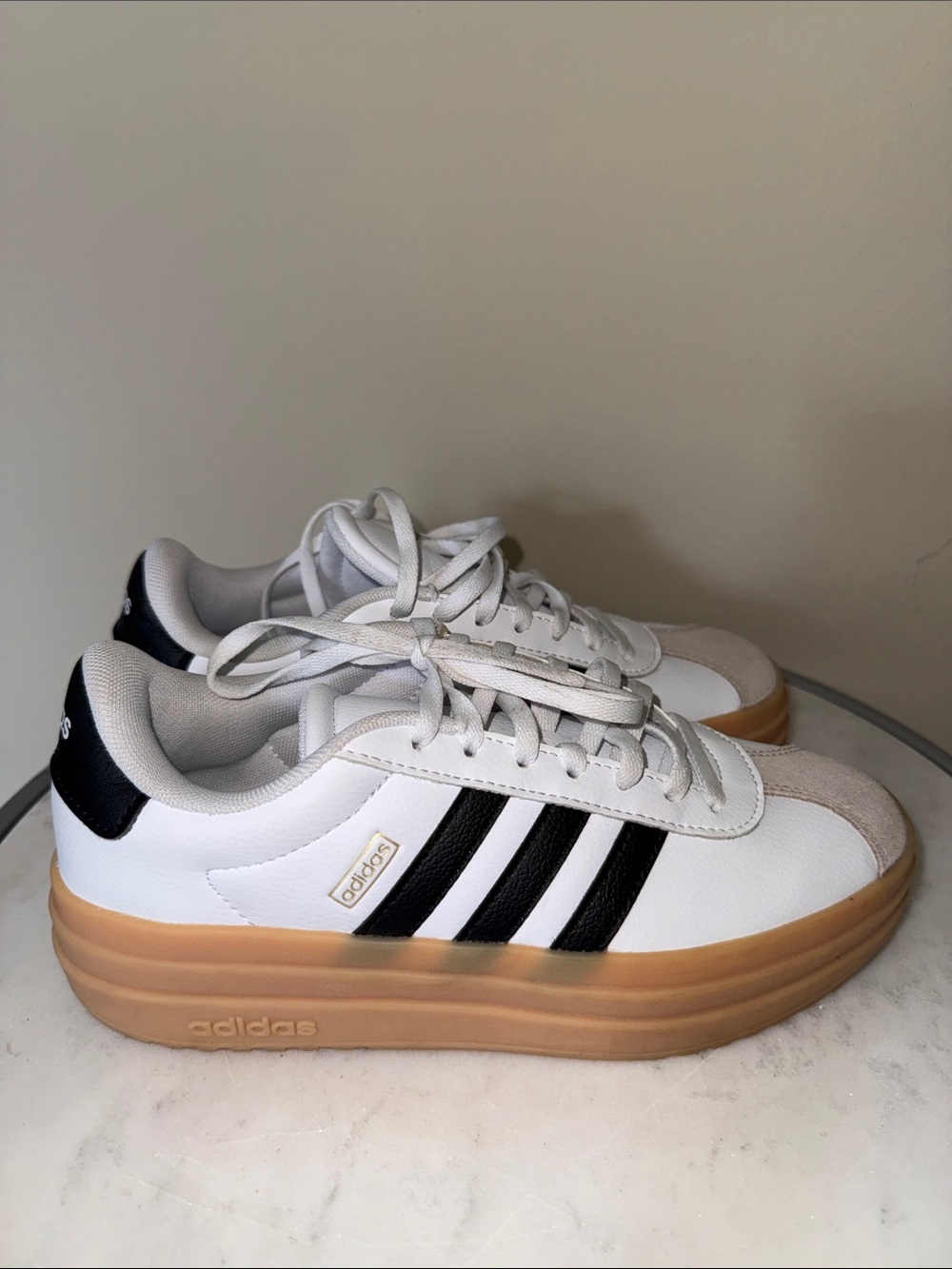 adidas White Black Platform Sneakers with Gum Sole